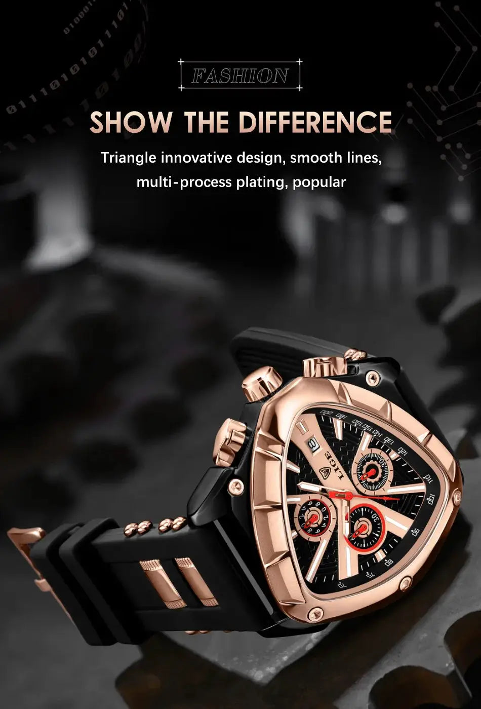 LIGE men's luxury watch with rose-gold-tone case, black rubber strap, chronograph dial