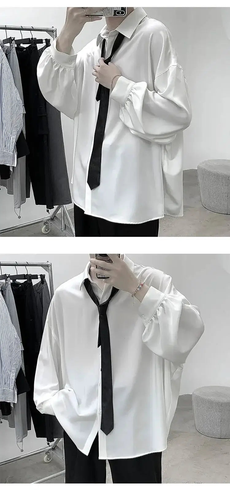 Korean-style men's oversized white puff-sleeve shirt with black tie, Simples Market