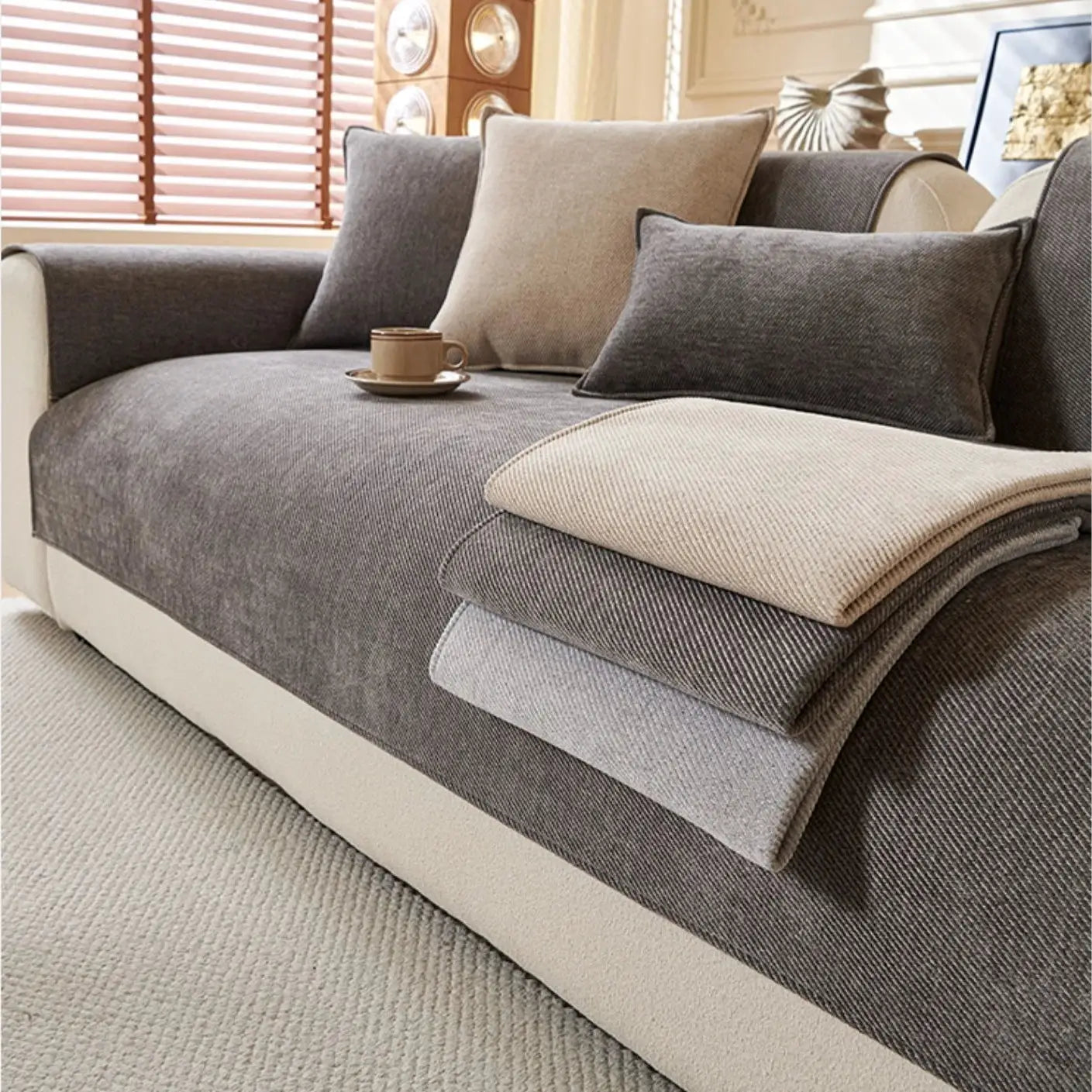 Simples Market minimalist twill chenille anti-slip sofa cover in gray with beige accents on a living room sofa