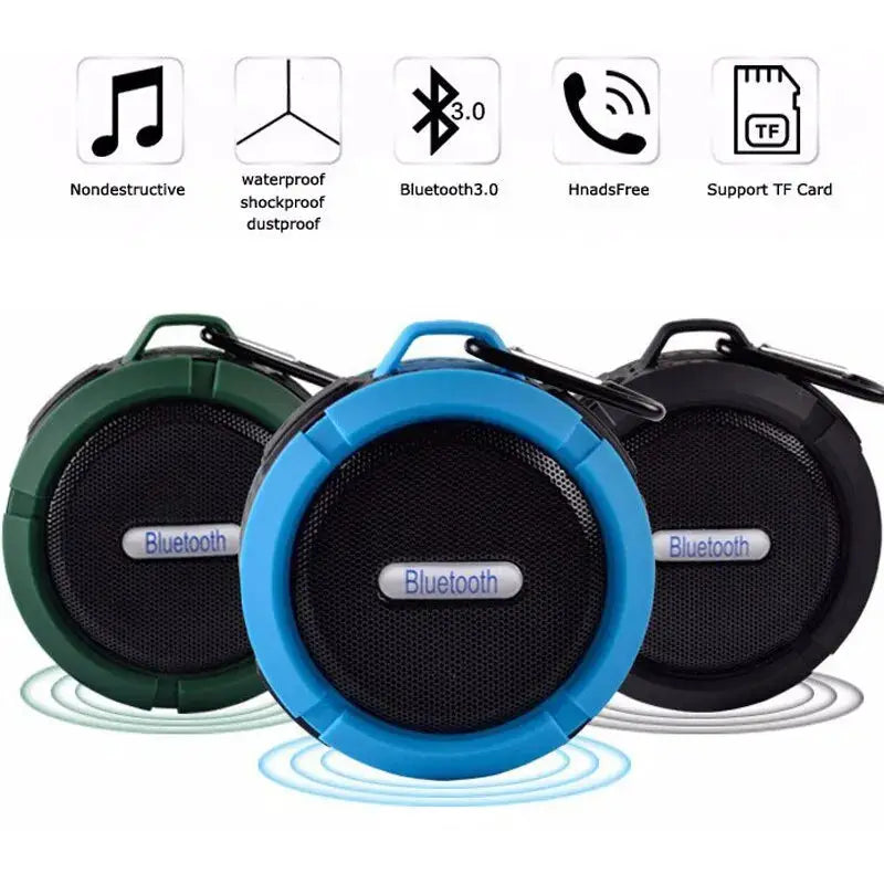 Simples Market waterproof wireless portable Bluetooth speaker trio in blue, green and black.