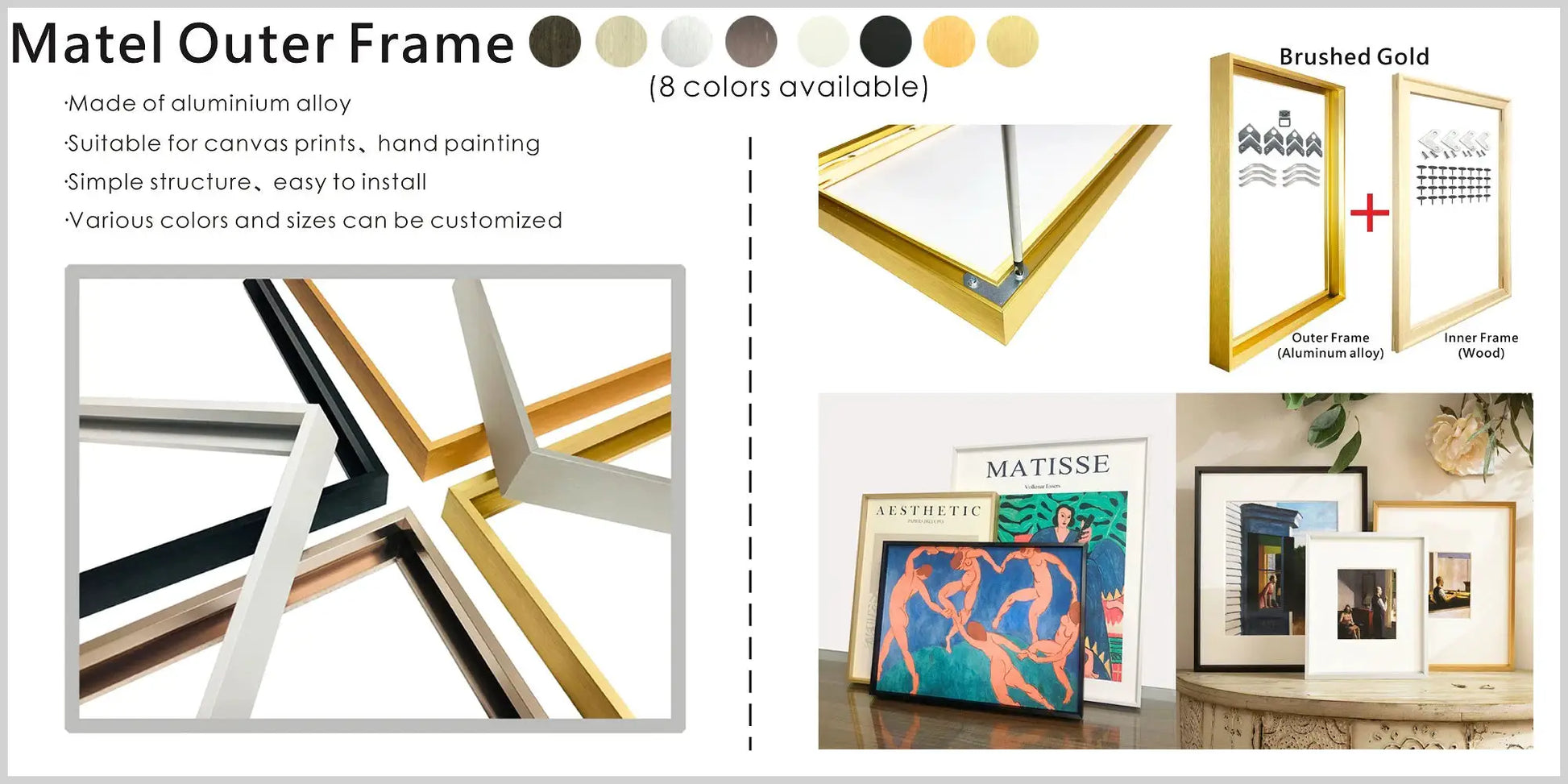 Magnetic painting frame set, 21–100 cm, teak pine outer frame with wood inner frame, brushed gold option