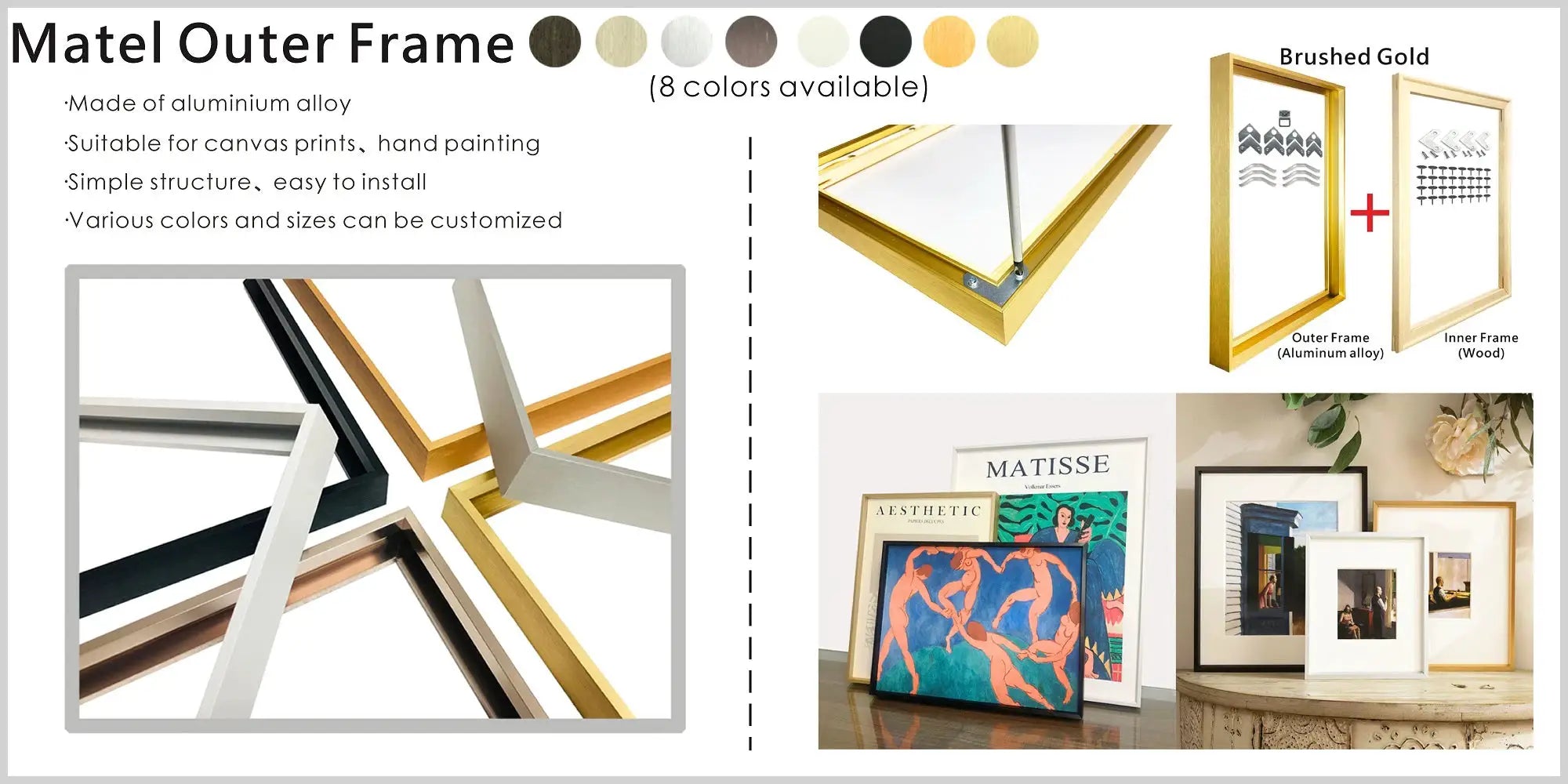 Magnetic painting frame set, 21–100 cm, teak pine outer frame with wood inner frame, brushed gold option