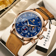 BINBOND men's rose-gold chronograph watch with blue dial and tan leather strap