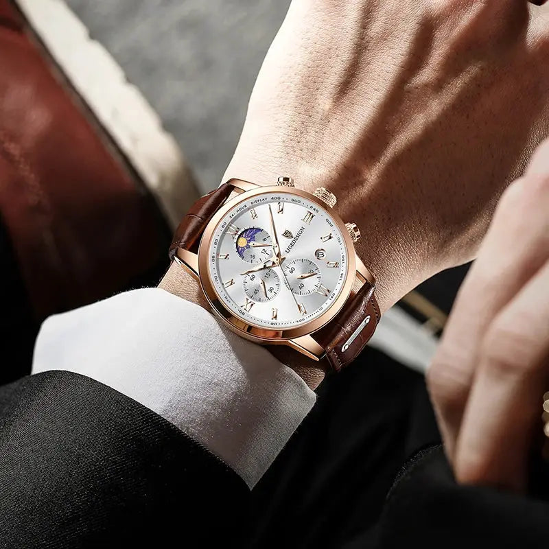 LIGE men's wristwatch with rose gold case, brown leather strap, white dial and chronograph subdials