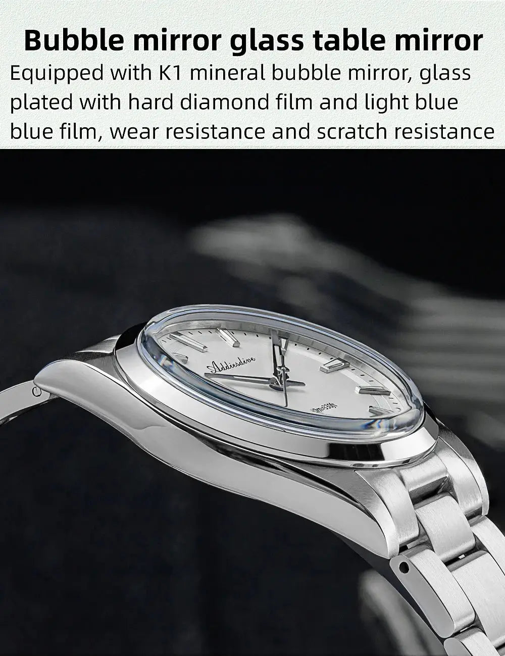 Addiesdive men's stainless steel watch with bubble mirror glass, white dial, silver bracelet