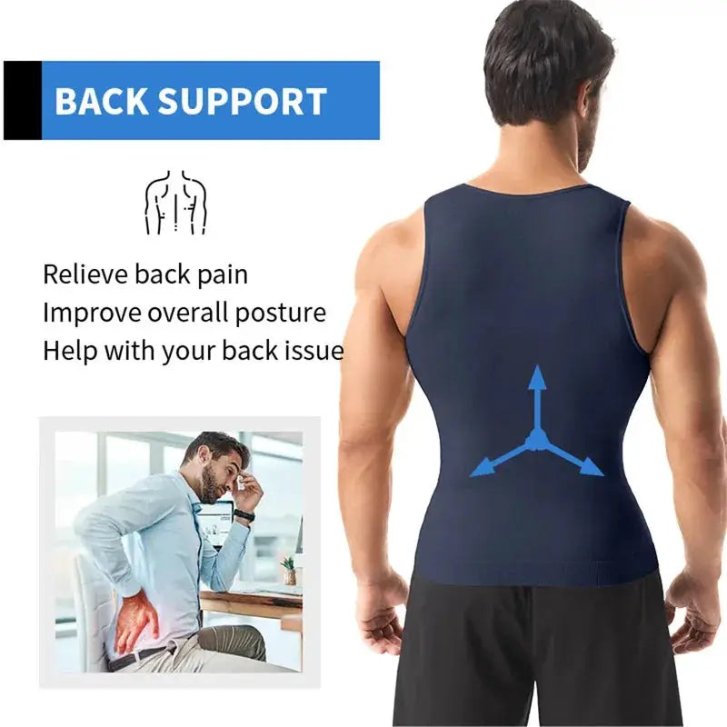 Men's back-support compression shirt, navy blue body-shaping tank top