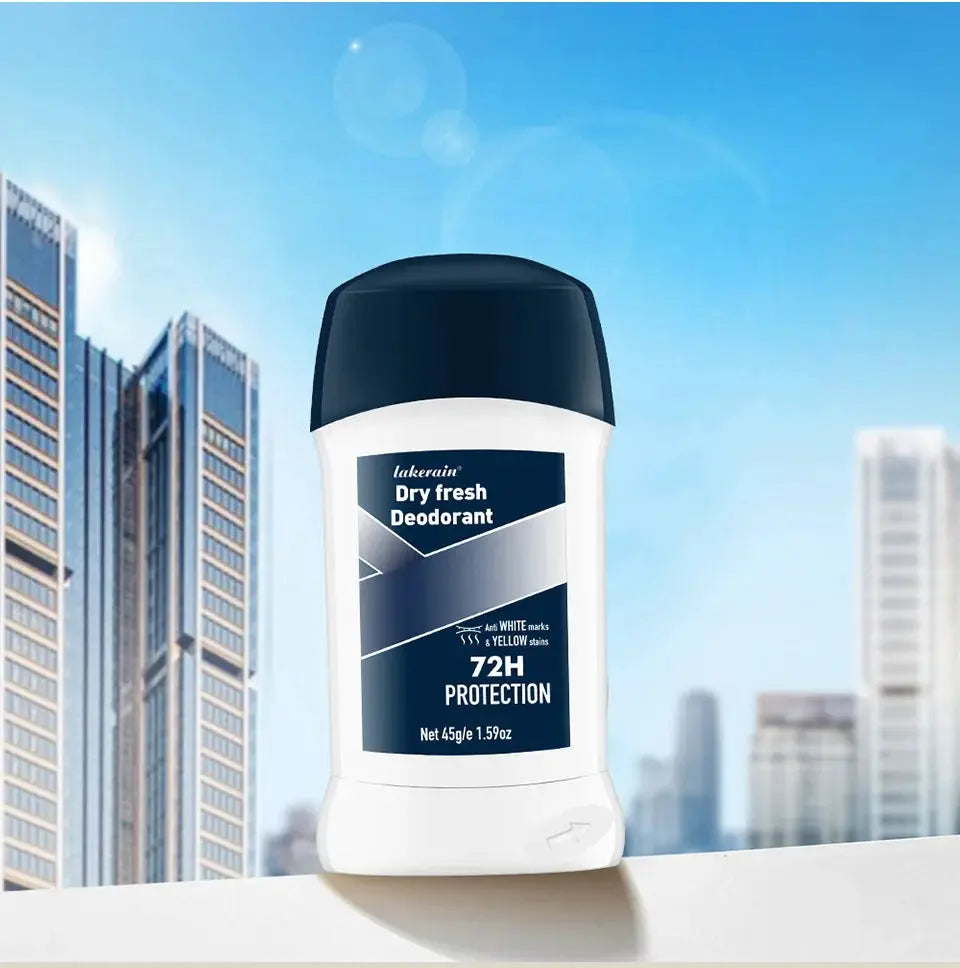 Men's deodorant stick in a white bottle with a dark blue cap