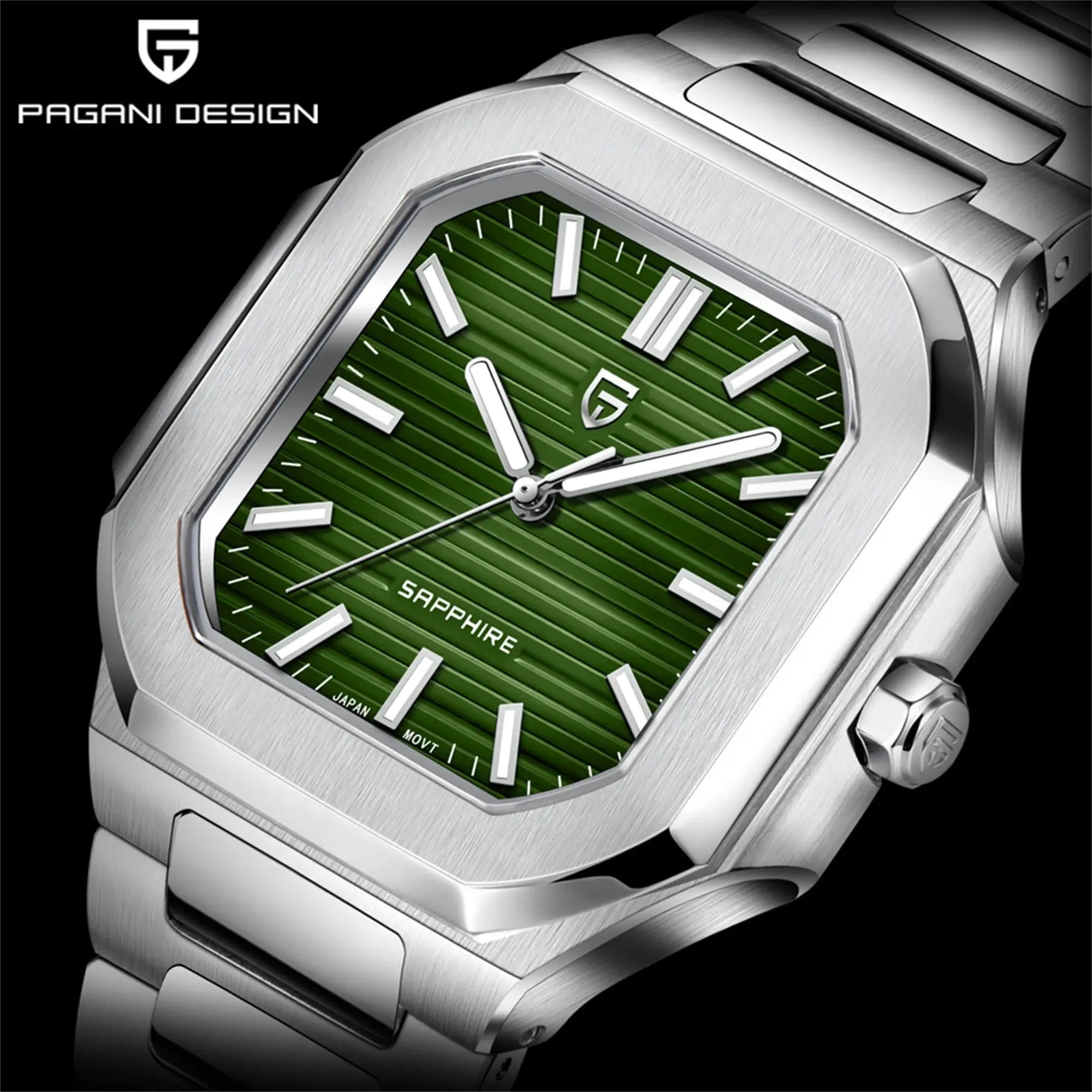 Pagani Design men's quartz watch with green dial and stainless steel case and bracelet.