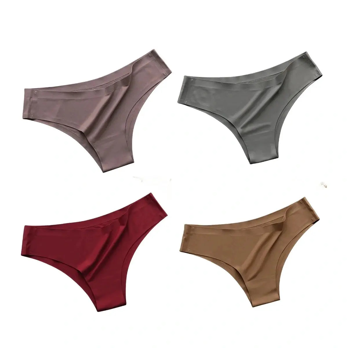 4-pack seamless Brazilian panties in purple, gray, burgundy, and tan; low-rise, soft ice-silk underwear