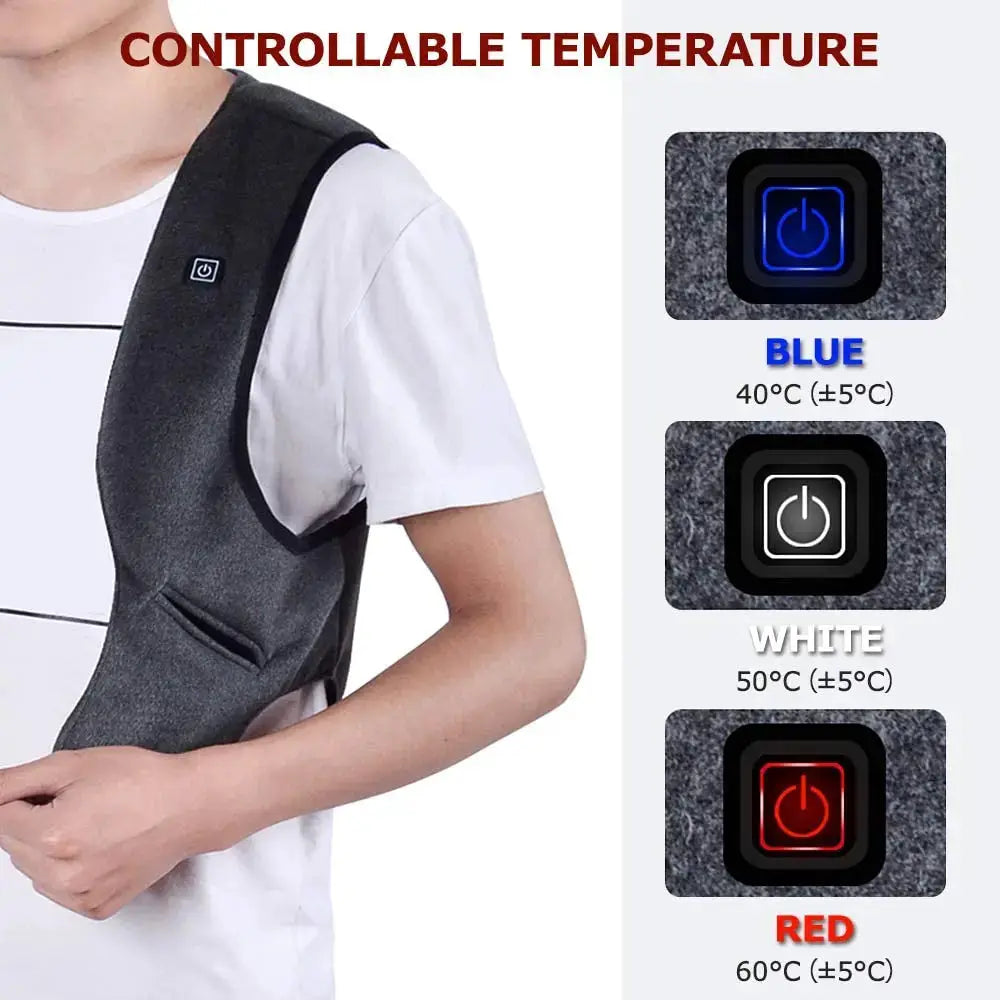 Men's heated vest; graphene padded jacket with USB heating and blue/white/red temp modes (40–60°C) for cold seasons.