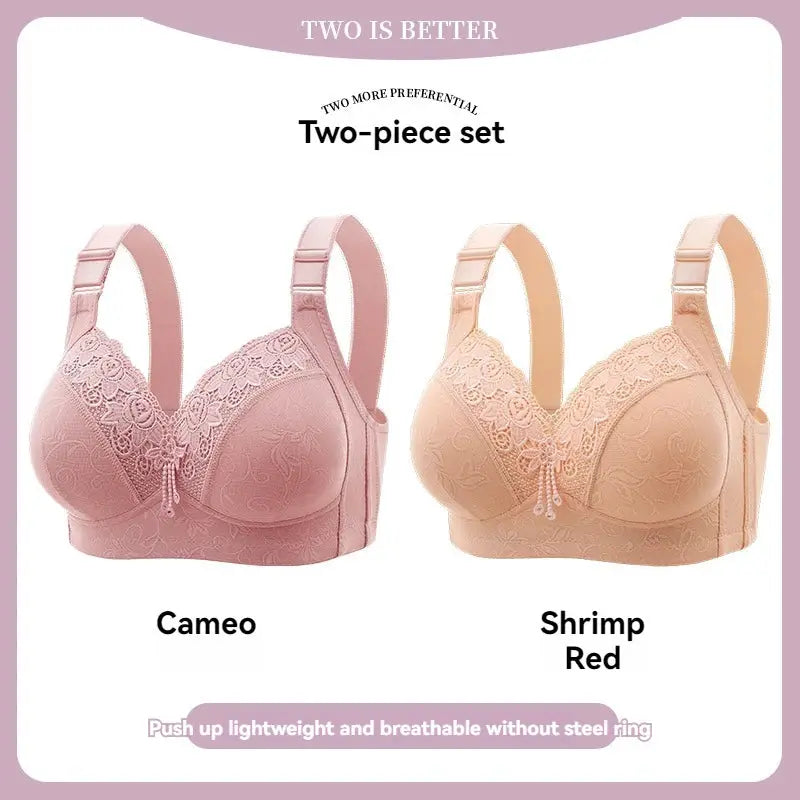 Two-piece lace bra set in Cameo pink and Shrimp Red peach, with floral lace cups and adjustable straps