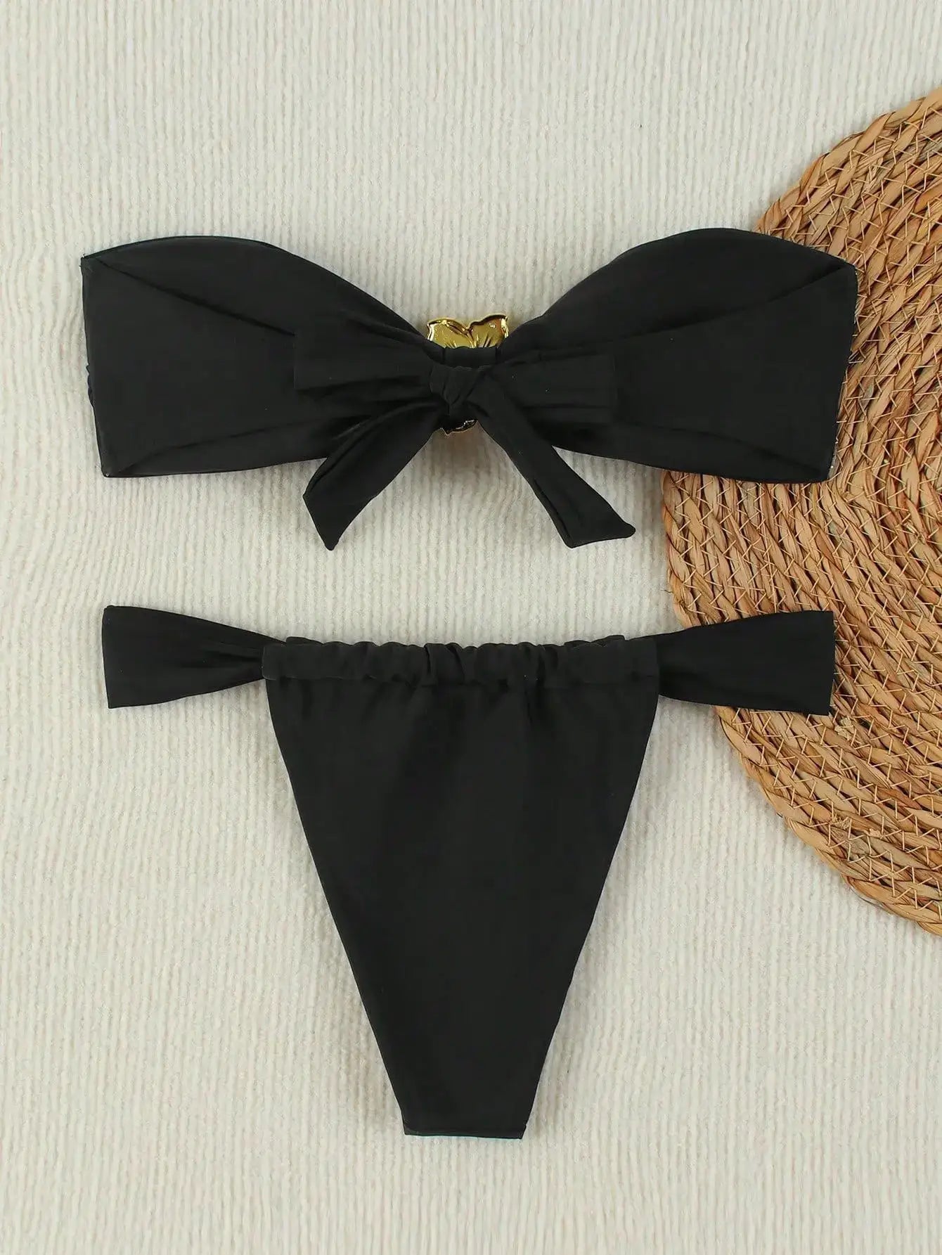 Simples Market black two-piece bandeau push-up bikini set with bow detail and Brazilian thong bottom