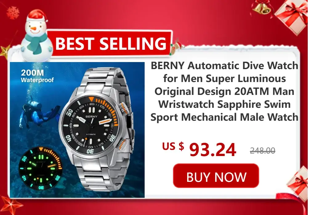 BERNY men's automatic dive watch with stainless steel bracelet, black dial and orange accents, 200m water resistance