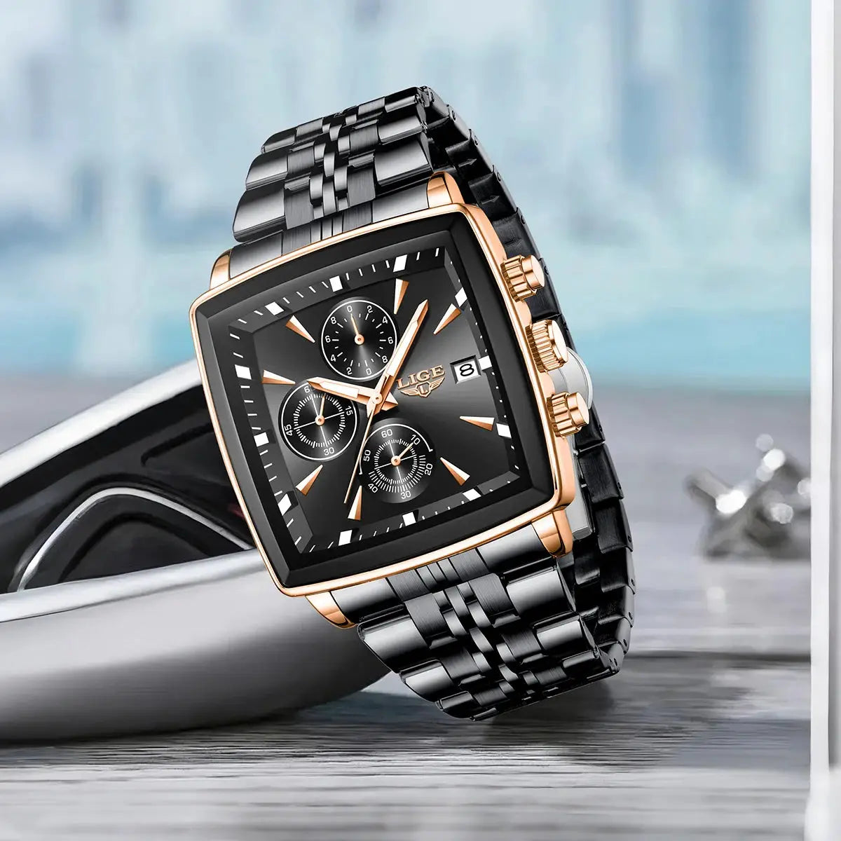 LIGE men's square-dial luxury watch with stainless steel bracelet and rose-gold case