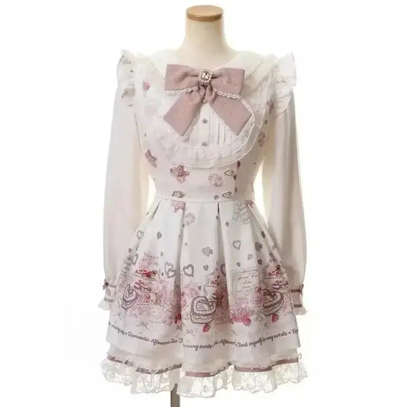 Y2K Lolita Bow Dress Shorts Set Gothic Lace Flare Sleeve Shirt Dress