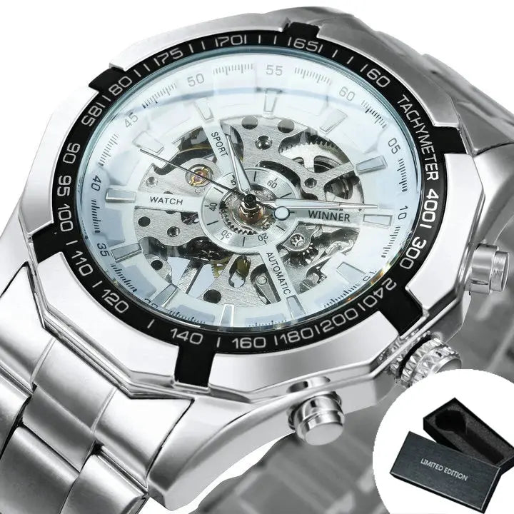 Skeleton watch for men by Winner, stainless steel strap, luminous hands; includes limited edition box