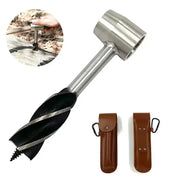 Simples Market Auger Wrench hand drill for survival; metal spiral auger with screw tip and two brown leather sheaths.