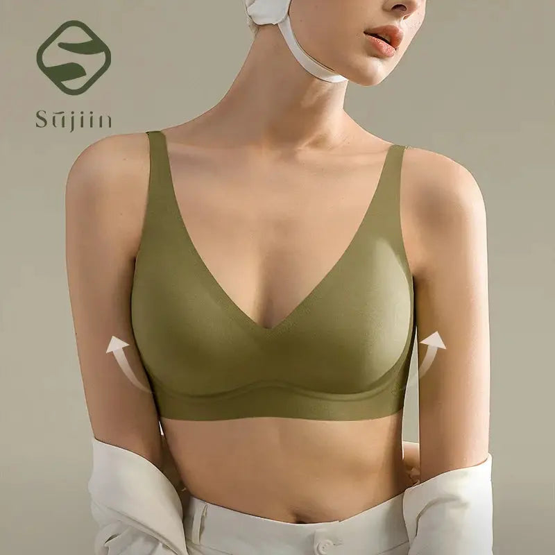 SUJIIN olive green seamless wireless bra bralette with V-neck, soft support
