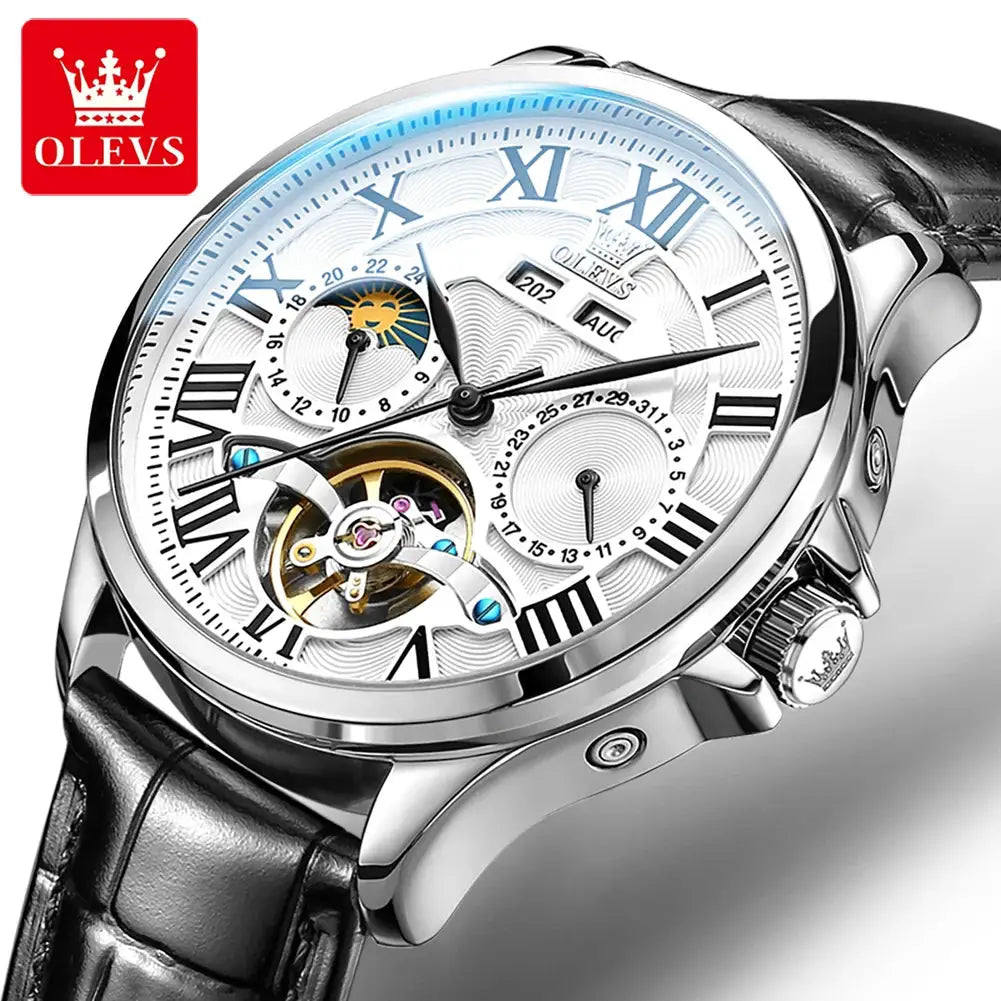 OLEVS men's skeleton mechanical watch with moon phase, Roman numeral dial, silver case and black leather strap