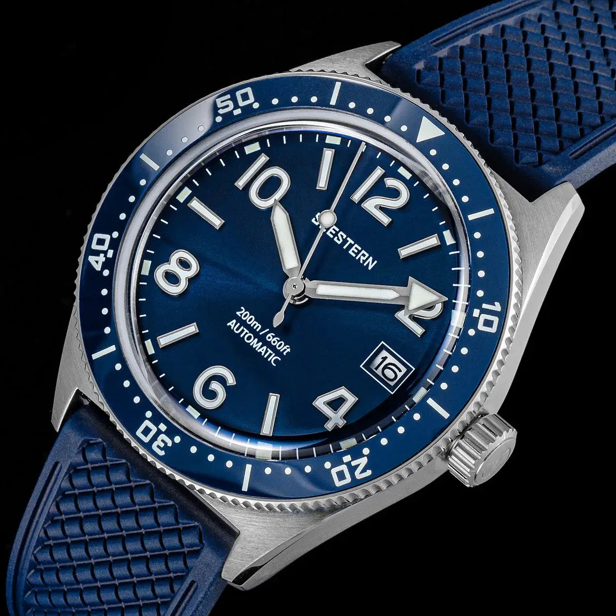 SEESTERN diver watch with blue dial and blue bezel, 200m water-resistant, blue rubber strap
