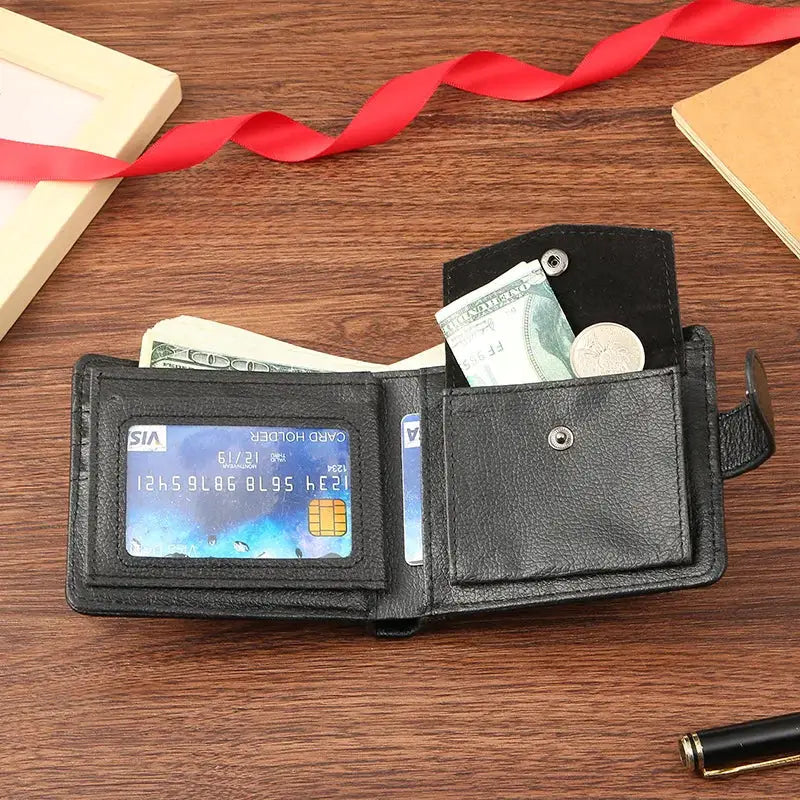 Simples Market men's slim bifold leather wallet with ID window, card slots, and coin pouch
