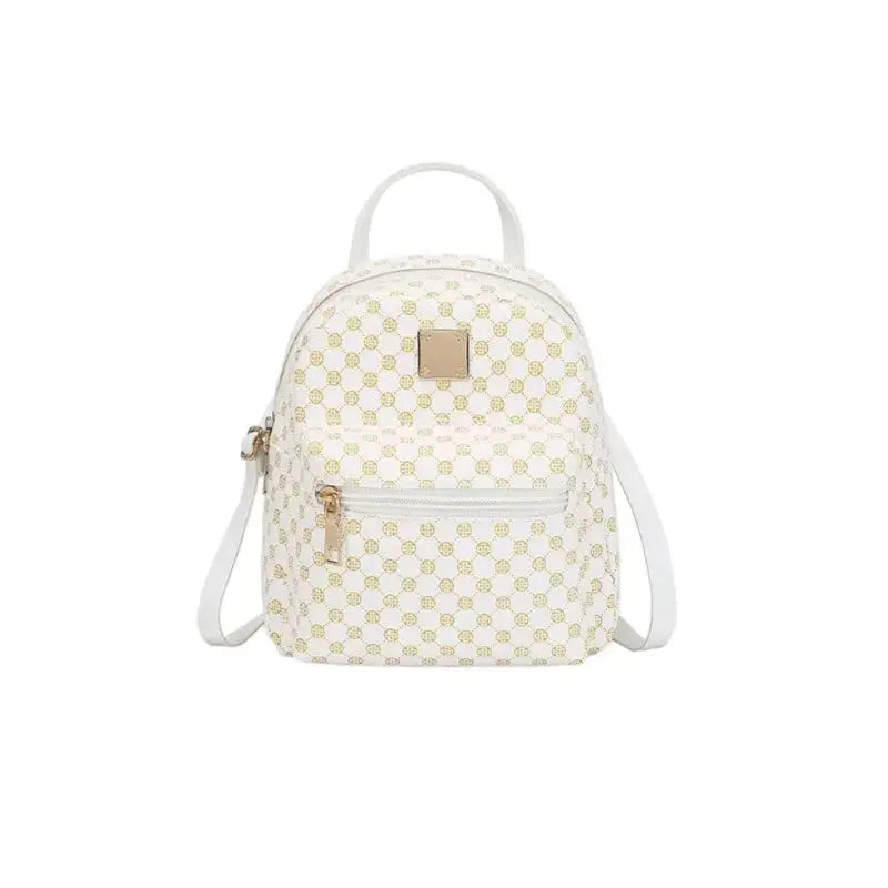 Classic women backpack by Simples Market, white with gold pattern, front zip pocket and top handle.