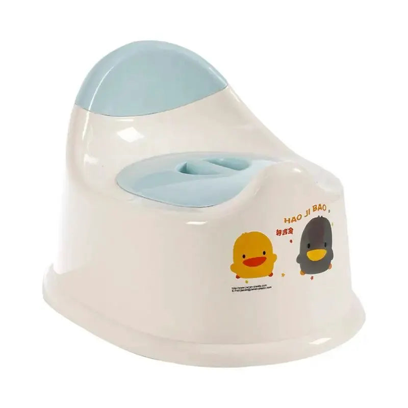 Toddler potty chair by Simples Market, white with light blue seat and lid, featuring duck and penguin graphics.