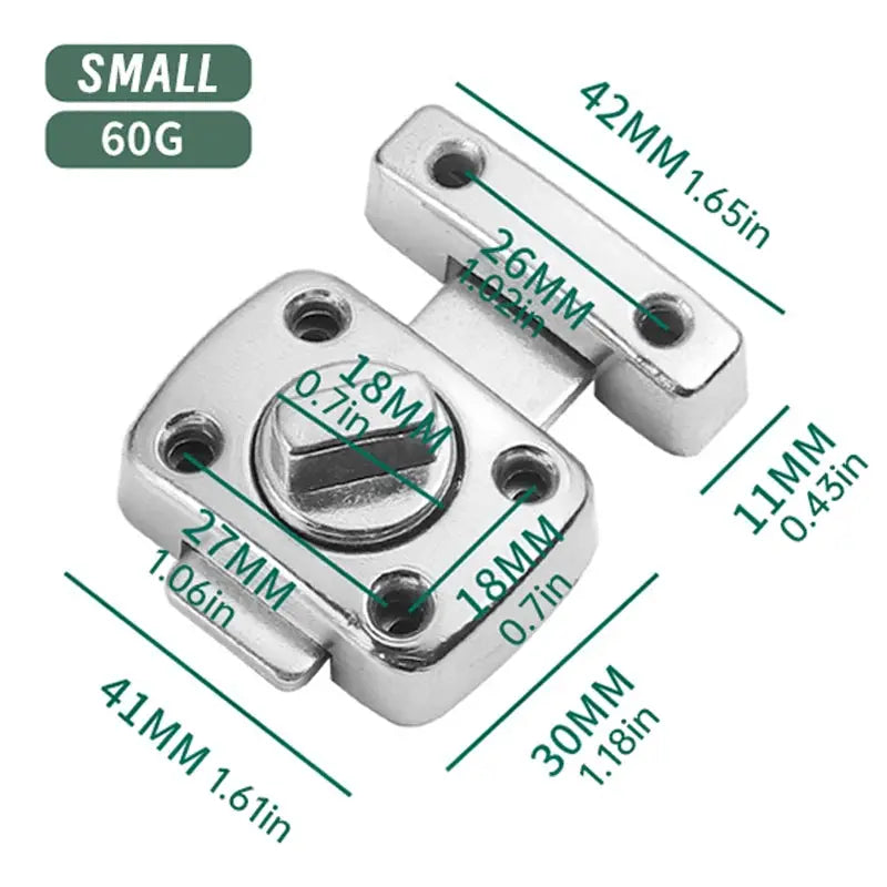 Door latch with rotating bolt and strike plate; compact chrome metal hardware, 2-piece set.