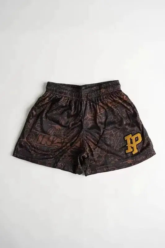 Men's Simples Market athletic shorts with BP logo, dark patterned mesh quick-dry fabric.