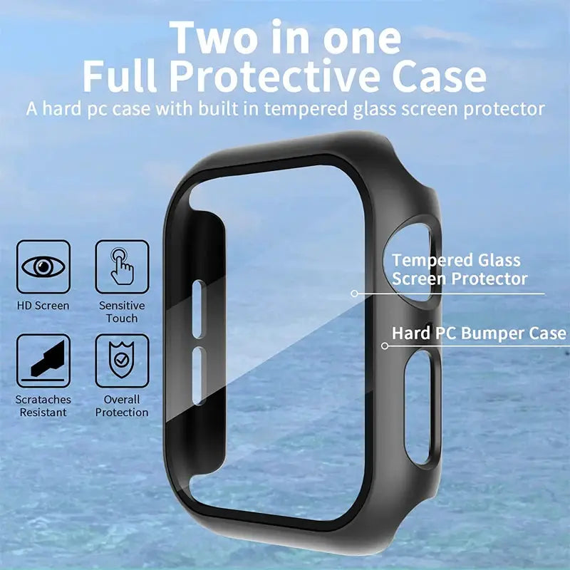 Apple Watch protective case with tempered glass screen protector; two-in-one hard PC bumper for 40–46mm series.