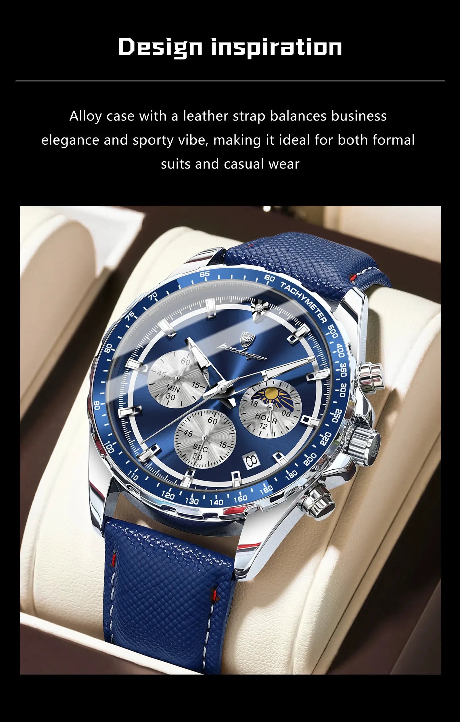 POEDAGAR men's blue leather-strap chronograph wristwatch with tachymeter bezel