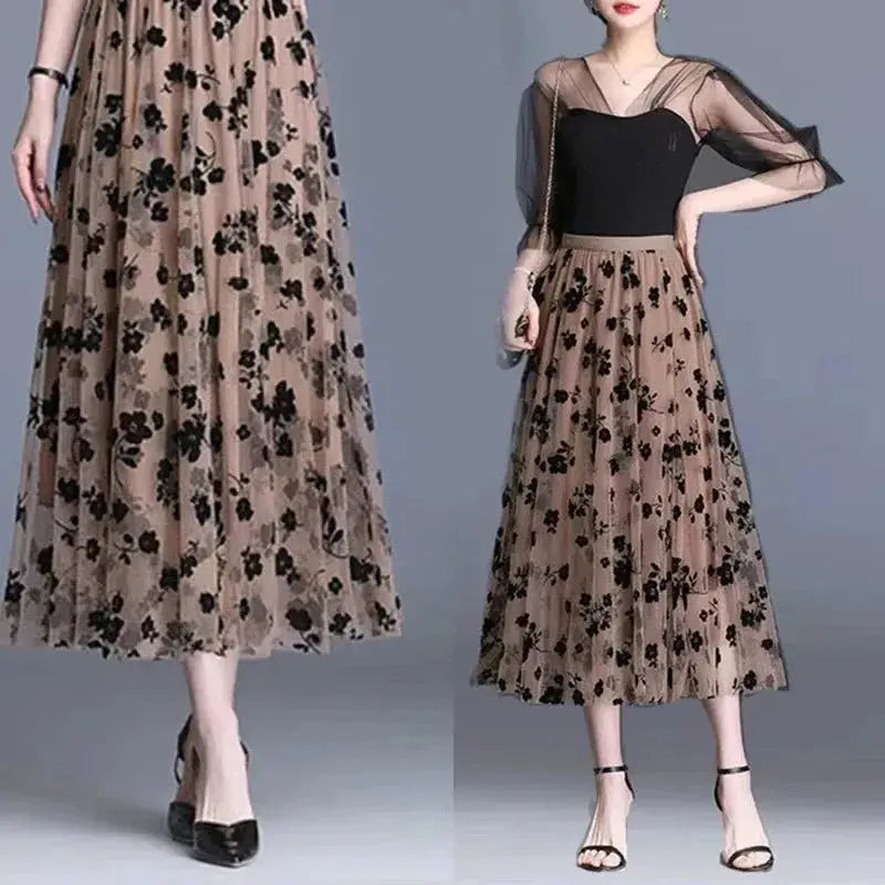 LunaGrove Floral Gauze Midi Skirt Breathable Polyester Mesh With Empire Waist Pleated A Line For Spring And Summer
