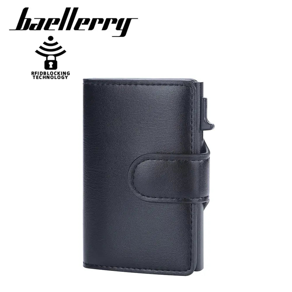Baellerry short wallet for men in black PU leather with RFID blocking, front-pocket strap closure, gift-ready