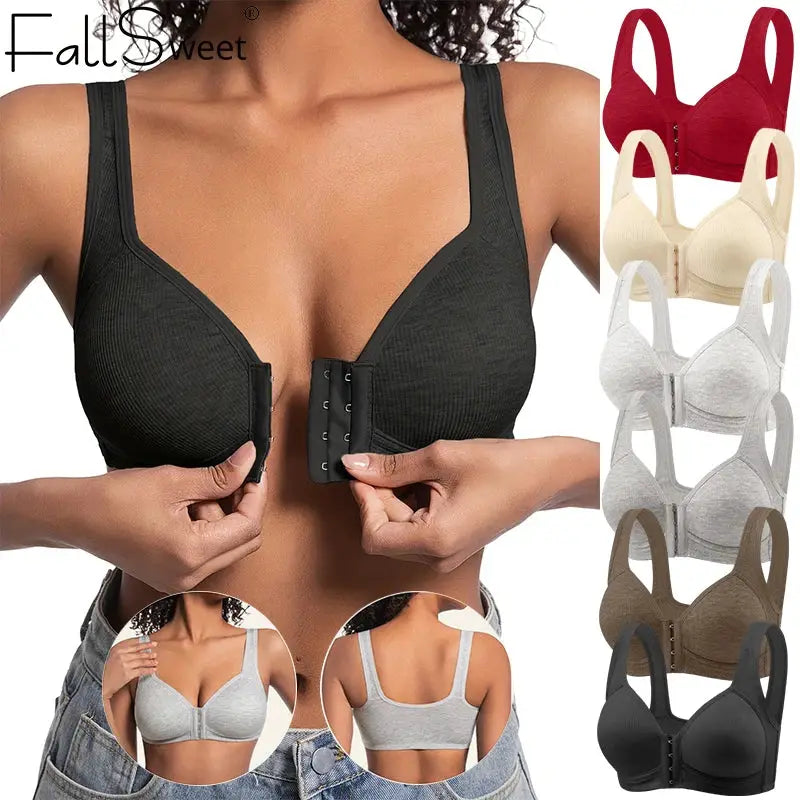 Fallsweet seamless front-closure bra for women, black wire-free push-up bralette with full coverage; Simples Market color variants shown.