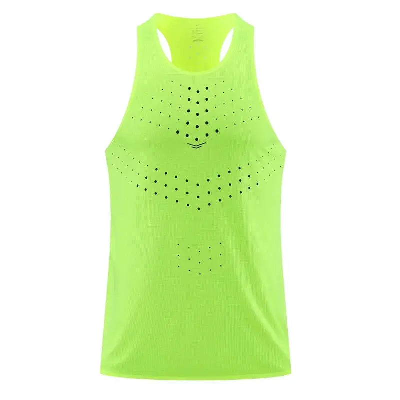 Neon lime athletic tank top sleeveless running singlet with dotted perforation pattern.