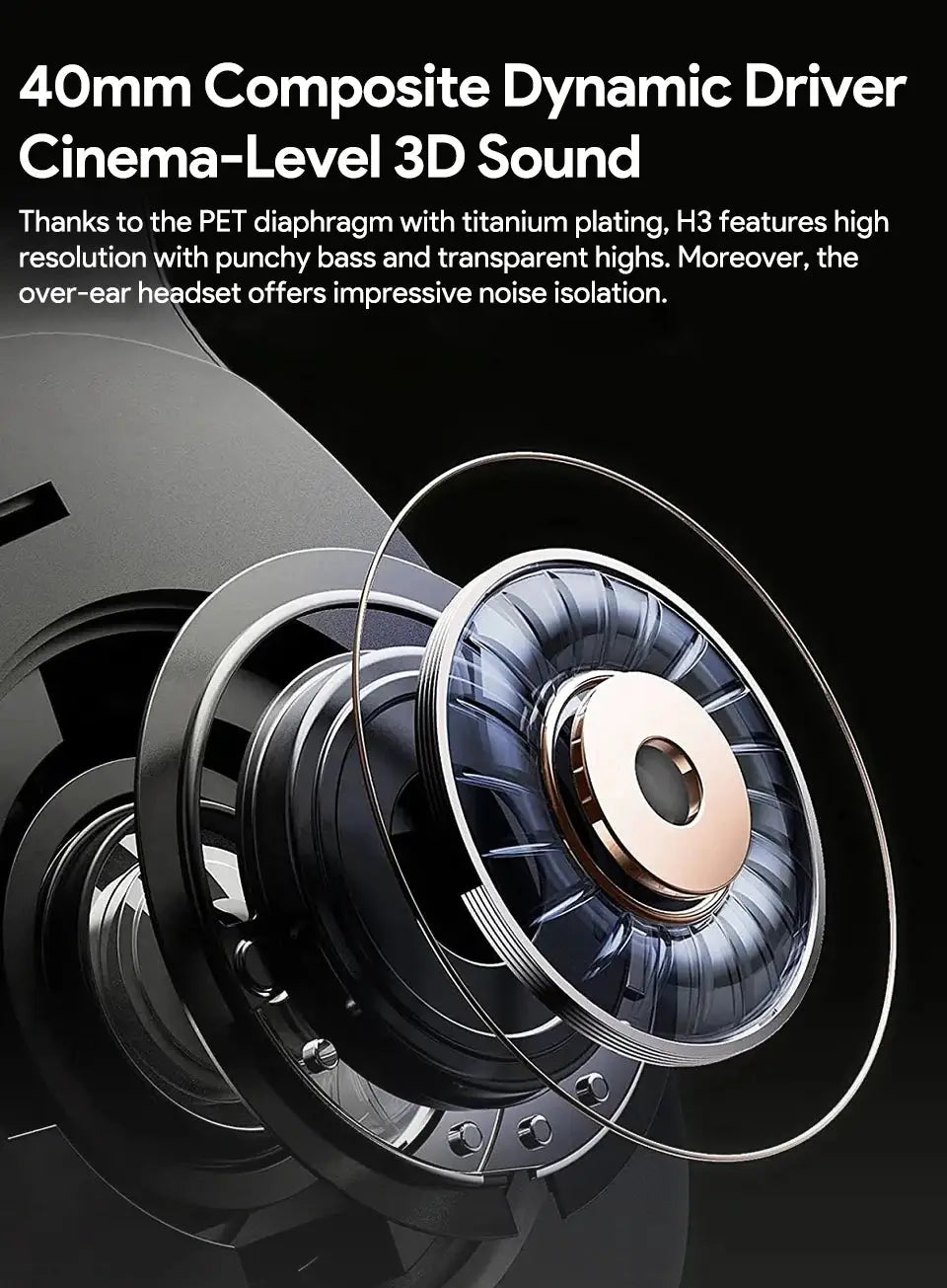 QCY H3 ANC wireless over-ear headphones with black body and copper-gold driver ring