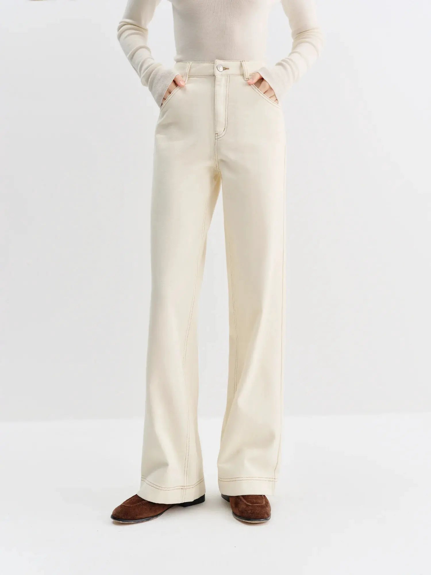 FSLE Straight High Waist Jeans For Women Korean Style Winter Versatile