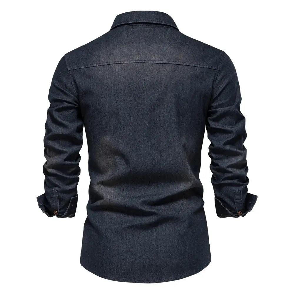 Men's denim shirt, dark indigo elastic cotton denim, long-sleeve back view