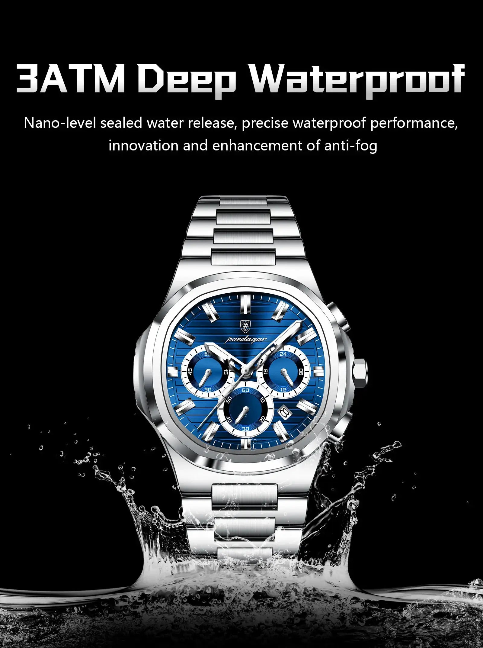 POEDAGAR stainless steel men's chronograph wristwatch with blue dial and metal bracelet