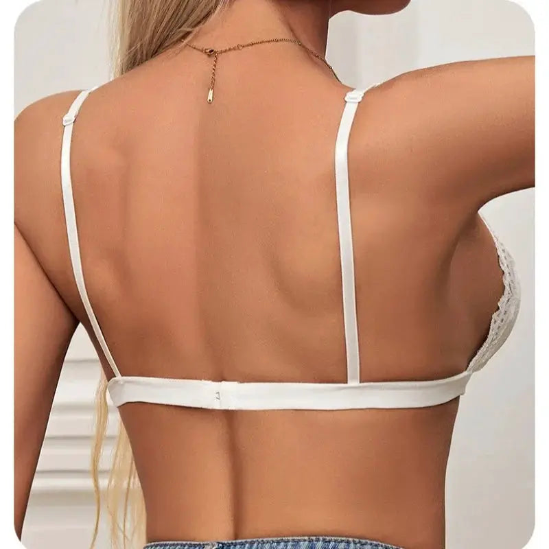 White V-Neck double-strap lace bralette with back hook closure.