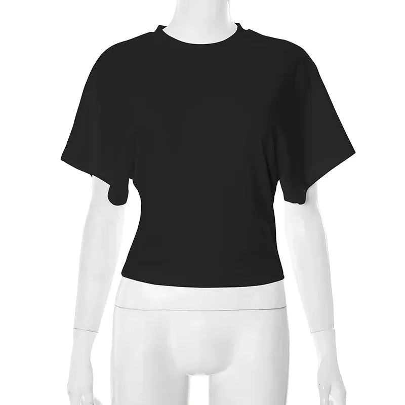 Womens Pure Cotton Crew Neck Cropped Top Short Sleeve Loose Fit Solid Colour Tee