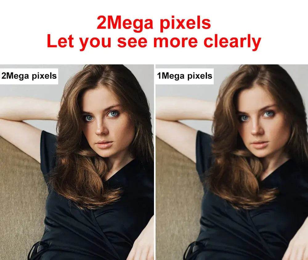 Tuya Smart 1080P doorbell camera by Simples Market; side-by-side 2MP vs 1MP pixel comparison image.