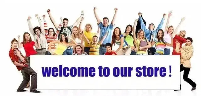 Crowd of diverse people around a welcome to our store banner.