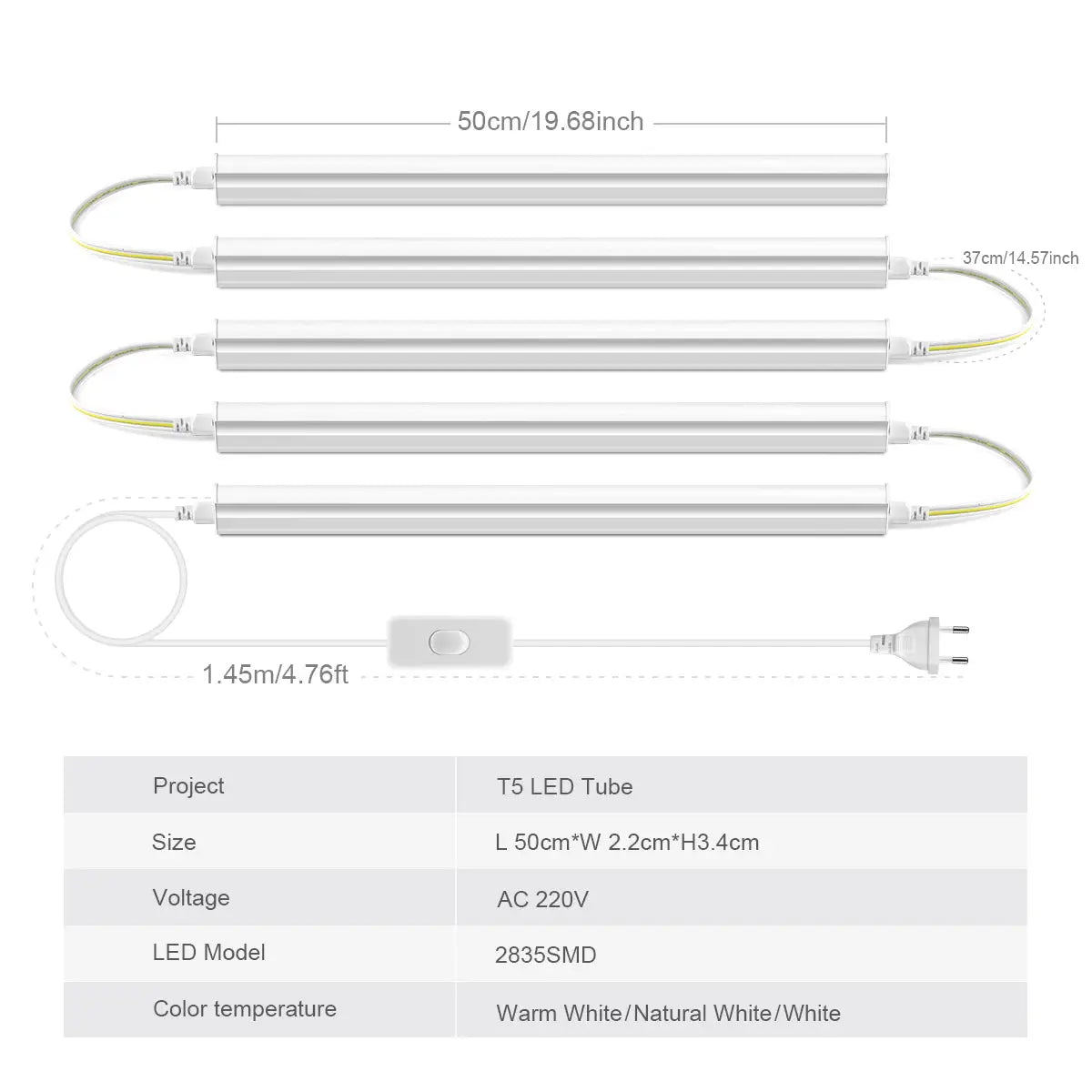 Simples Market 4x T5 LED tubes wall-mount kit with screws and EU plug, 50cm length with inline switch, warm white