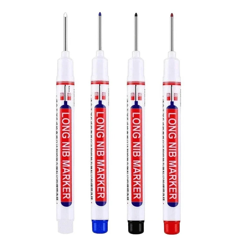4-piece long-nib marker set with white bodies and blue/black/red tips for metalworking and woodworking