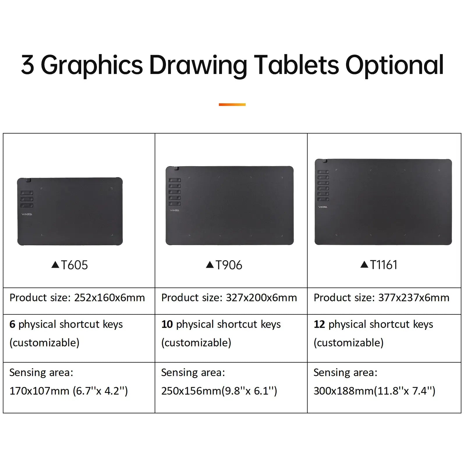 Simples Market VINSA graphics drawing tablets - 3 models: T605, T906, T1161 in black with customizable shortcut keys.
