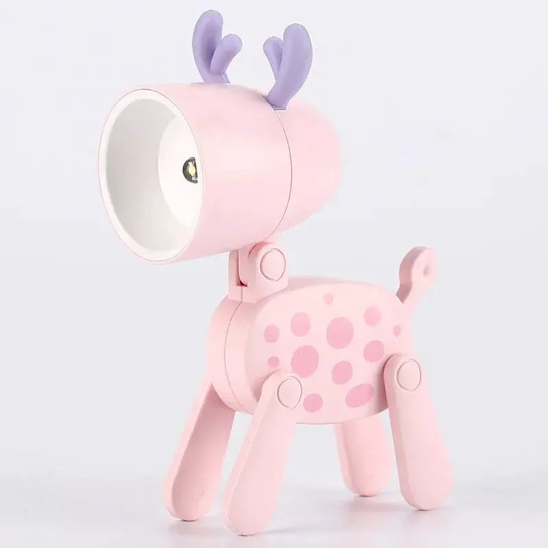 LED mini night light deer desk lamp in pink with purple antlers; foldable, kid-friendly desk ornament.