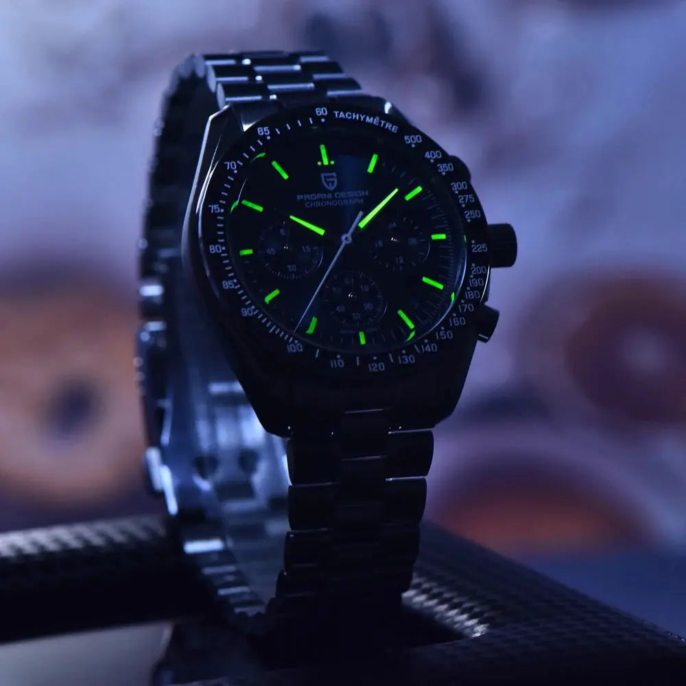 PAGANI DESIGN 500 Speedometer chronograph watch, black stainless steel with green luminous hands and tachymeter bezel