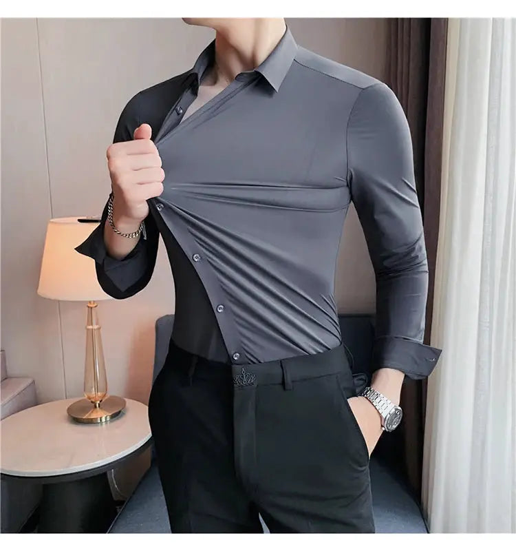 Plus-size men's seamless long-sleeve shirt in dark gray; high-elasticity, slim fit.