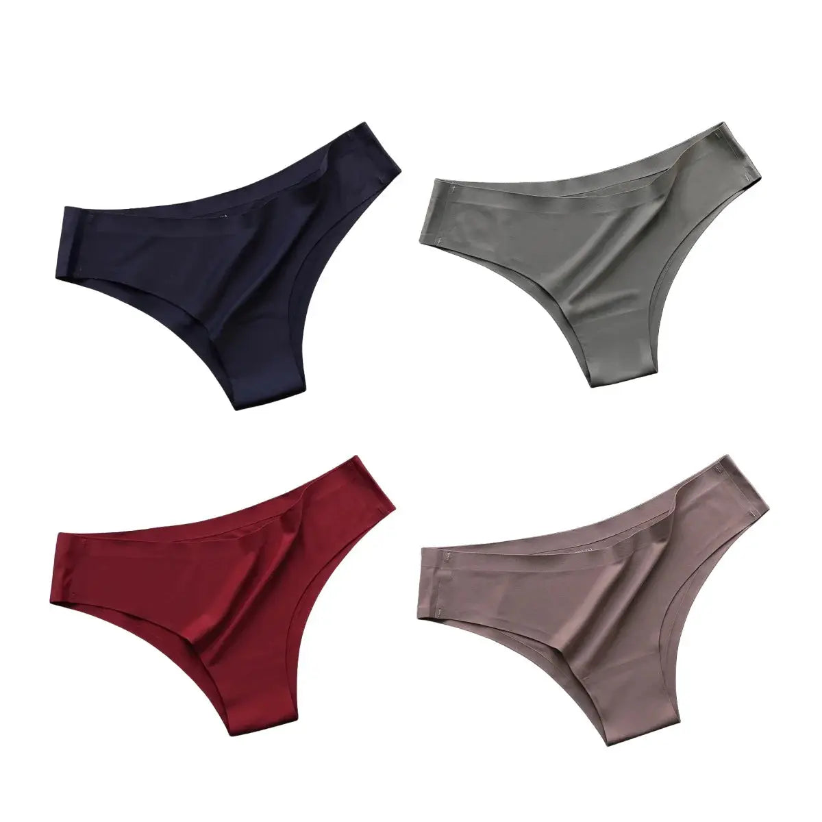 4-pack seamless Brazilian panties set in navy, gray, burgundy and taupe; Simples Market ice silk low-waist briefs.